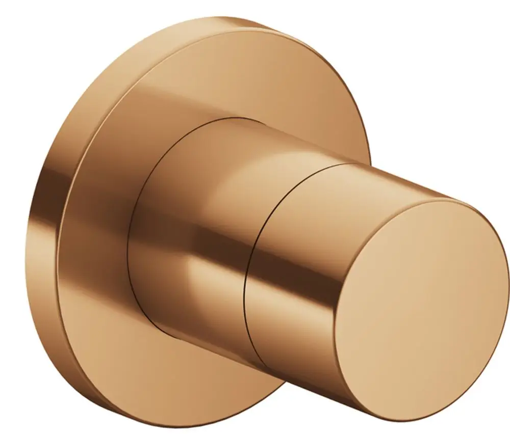 Umstellventil von Keuco in runder Form, gebürstete Bronze-Oberfläche, als Teil eines Sanitärsystems genutzt.